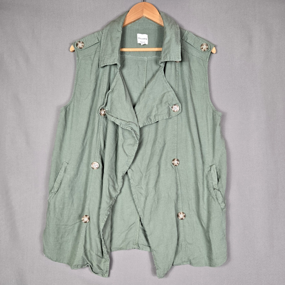 Ellison Draped Open Front Vest Linen Blend Vest Olive Green Boho Chic Size M